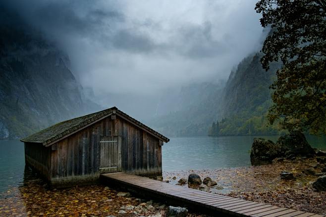 brown shed beside bo...