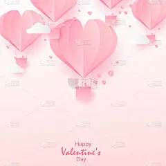 情人节快乐的贺卡用纸切粉红色的心热气球飞扬。向量