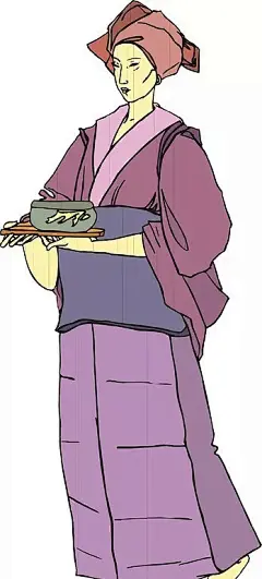 手绘端着碗的古代日本女子插画|古代日本女子|和服|卡通画|矢量素材|手绘|碗|穿和服日本女子|古代日本建筑|GEISHA日本女子头像|古代日本