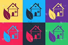 Pop art Eco friendly house icon isolated on color 