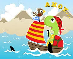 海龟,鸟类,卡通,有帆船,可爱的,帆,野生动物,云,航海,蹦