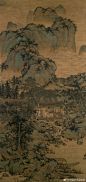                                                                                                                         #山水画#【 元 盛懋 《山居纳凉图》】立轴，绢本设色，56.99×120.81cm，纳尔逊·艾特金斯艺术博物馆藏。画史上说盛懋画学陈琳，多受赵孟頫影响，但就此幅作品来讲有他自己的意趣：图中的树法虽取自董源，但枝叶、线条精整，更富装饰意味。山石的荷叶皴也是源于董巨的披麻