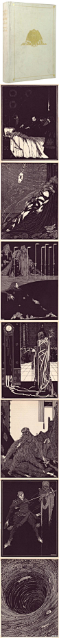 新视线：新视线午夜场#What the Cult# 1919年的恐怖插画 这本画册是1919年再版的爱伦坡黑暗恐怖短篇小说集Tales of Mystery and Imagination，这些配图由爱尔兰插画师Harry Clarke用钢笔绘成。小说集全部使用手工纸烫金字制成，荣登1919年圣诞礼物清单榜首。现今售价$7472.30。http://t.cn/zOQmdMg