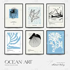 海洋和海洋海报摘要模板。现代海洋植物学流行的黑色风格。老式海藻，鱼，壳。水墨墙艺术.