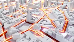 3D渲染抽象城市。城市规划，街道和摩天大楼具有霓虹灯的交通灯效果