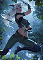 General 2883x4000 Rayla  The Dragon Prince fantasy girl horns pointy ears white hair sword crop top knee-high boots forest drawing fan art Zarory belly button