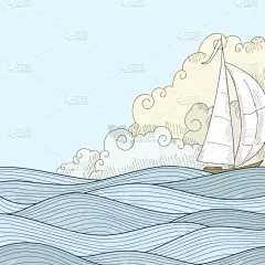 复古手画风格的海上水手船