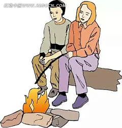 手绘烤火的男女插画|火堆|卡通画|卡通人物|卡通人物图片|烤火|漫画人物|男女|人物素材|人物图片|矢量人物|矢量素材|手绘|树桩