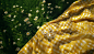 In the bottom right corner of a green lawn was a yellow checked picnic cloth dotted with white flowers and leaves，Overhead perspective,Real, HD, full of life, grass details, up close, 4K, C4D, realistic