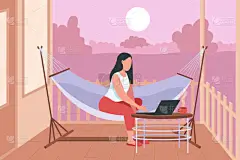 吊床里的女人用笔记本电脑的平面彩色矢量图解.在家里的后院放松。周末休息室。自由撰稿人在户外休息2D卡