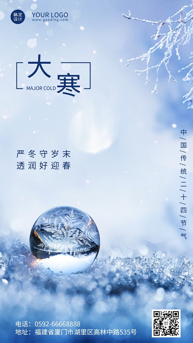  大寒节气树枝雾凇雪花祝福手机海报