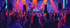 图源免费EPS文件 |音乐节，DJ，扬声器，跳舞的人群，充满活力的派对场景，霓虹灯风格，矢量插画，扁平风格