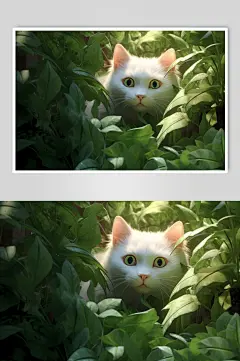 AI数字艺术灌木丛中的可爱小猫插画-众图网