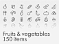 Fruits & vegetables icon set, 150 items : Fully scalable stroke icons, stroke weight 3.5 pt. Useful for mobile apps, print and Web.