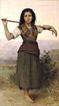 1889年的《牧牛的姑娘》（The Shepherdess ）。这是一首田园牧歌：女孩子身穿盛装，两手搭着一根木棍取得了上半身的平衡，赤裸的双脚站在路边，后面是正在吃草的牛群。1881年，作者还创作过一幅同名作品