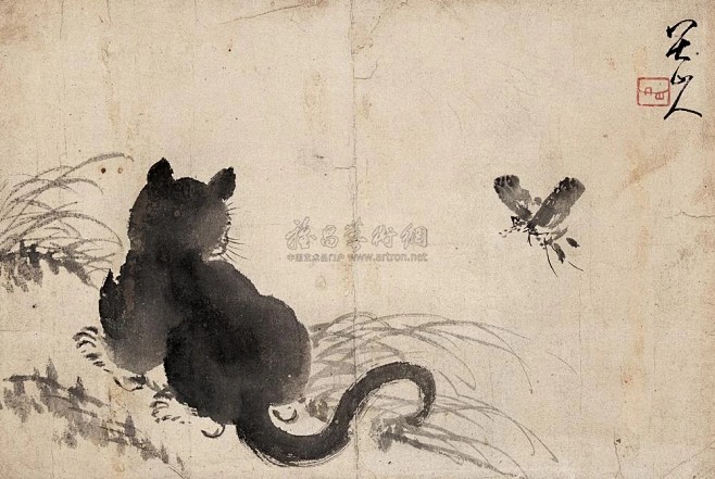 朱耷（八大山人）——款《猫蝶图》花鸟镜心欣赏| 明末清初|朱耷(1626