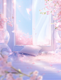 a pink blooming flower is in the corner of the room, in the style of dreamlike scenery, light sky-blue, windows vista, fairycore, transparent/translucent medium, flowing textures, 32k uhd