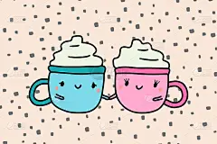 两杯热咖啡牵手相爱，粉蓝配奶油