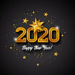 2020年新年快乐-黑色背景上有印刷字体、金色剪纸星星和装饰球-高级贺卡、派对邀请或促销的矢量假日设计