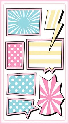 漫画风格边框设计，白色背景，整体呈矩形构图，外框为浅粉色细线勾勒。内部由多个大小不一、形状不规则的漫画框组成，每个框均有浅粉色边框。框内填充不同的复古漫画风格纹理：浅蓝色背景配白色放射状线条、淡黄色背景配白色放射状线条、粉色背景配白色圆点图案（波点密度中等）、淡黄色背景配白色水平条纹、浅蓝色背景配白色圆点图案（圆点较大且排列整齐）、粉色背景配白色放射状线条（线条较粗）。各漫画框之间通过白色区域分隔，部分框的边缘有类似闪电状的不规则切割设计，整体视觉风格统一，充满复古美式漫画的装饰感和活泼氛围。