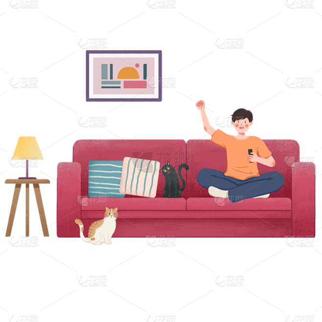 坐在沙发上的男孩和宠物猫贴纸