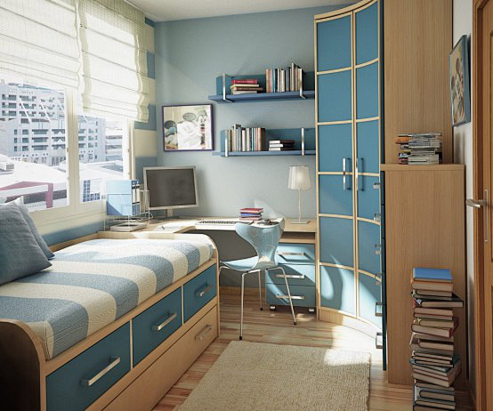 浅蓝色的书房兼卧室孩子房间,房间,书房,...