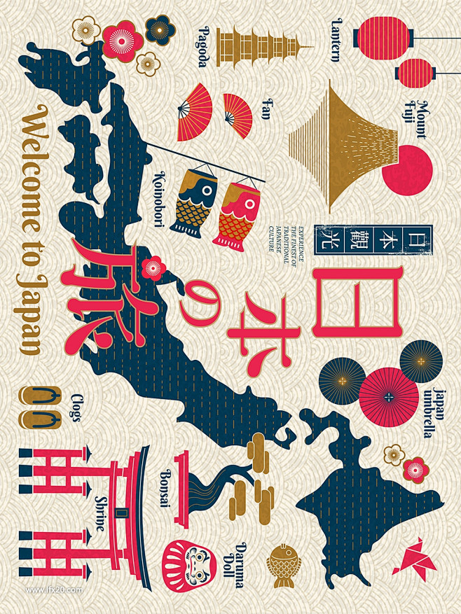 日本地图旅游景点指南工艺品插图插画