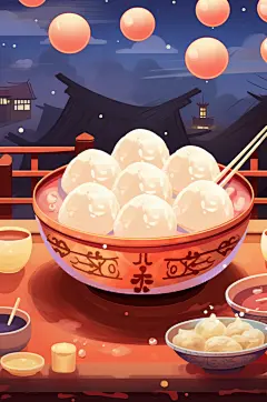 AI数字艺术元宵节汤圆插画