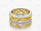 3D插图金和银订婚结婚戒指与曲线出装饰和红红宝石