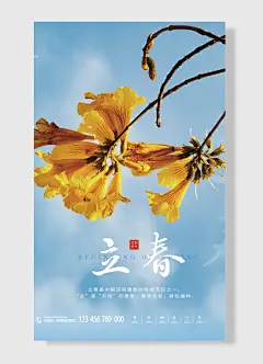 四时之始春生万物立春廿四节气立春节日海报蓝色花朵简约风-图巨人