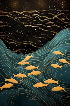 AI数字艺术金箔鲤鱼锦鲤装饰画