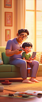 Bright summer morning,an Asian father and child sitting on the couch,happily looking at a same smartphone,laughs happily,dynamic colors, cheerful atmosphere, 3d art,c4d,octane rendering,ray tracing,clay material,popmart blind box,pixar trends,animated lig