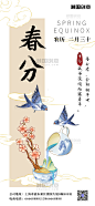 春分樱花鸟祥云蓝色中国风海报