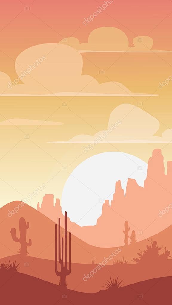 卡通的沙漠景观，落日下的剪影插画，为移动...