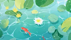 夏日清凉唯美荷花荷叶飘在水面小河处暑清凉节插画清新壁纸