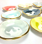 Watercolor Round Handmade ceramic ring dish adorned with 22K gold edges : Round handmade ring dish in white and watercolor bright glazes. Slight curve up at the edge. Adorned with 22k gold luster overglaze on the edges.  The fifth picture features how you