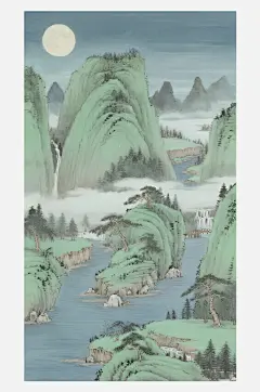 国潮中国风古风节气中秋山水插画