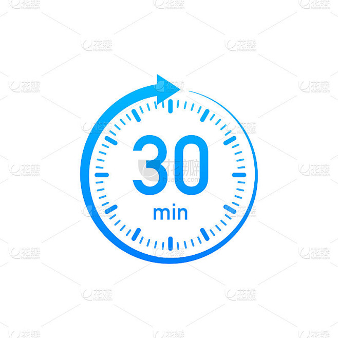 30分钟，秒表矢量图标。秒表图标在平面风格，计时器在彩色背景上。矢量插图。