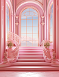 pink house with stairs and window, in the style of sci-fi baroque, romantic interiors, anime aesthetic, detailed marine views, light red and light gold, candycore, trompe l’oeil