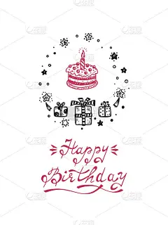 生日快乐!矢量卡与生日蛋糕和礼物。手绘涂鸦插图