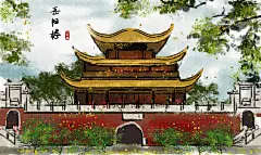 古风清新创意高端岳阳楼旅游插画