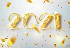 2021新年快乐。 金数字设计的下降五彩纸屑贺卡。 金色闪亮图案。 新年快乐横幅与2021年在明亮的背景上的数字。 插图。 免费矢量