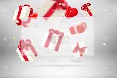 白色工作室与心和礼品盒和玻璃板与复制空间。情人节快乐。矢量模拟与复制空间