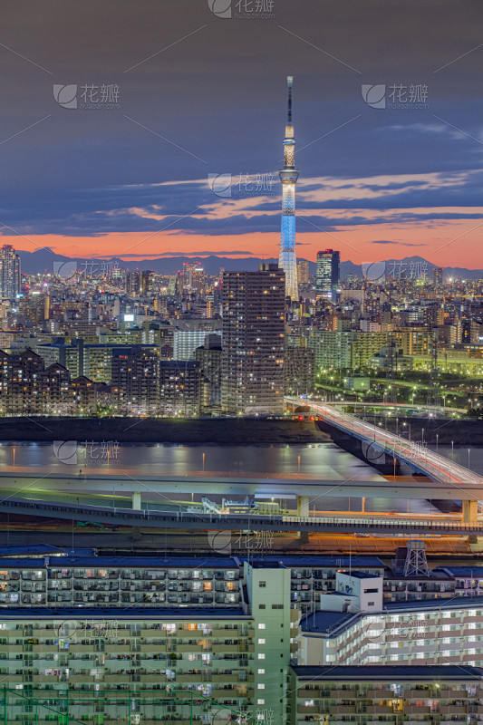 都市风景,著名景点,东京,东京天空树,汐留区,垂直画幅,天空,夜晚,无人,夏天