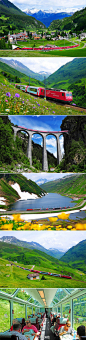 【瑞士：冰川快车！】被称为世界上最慢的快车，只因为它8小时才走完290公里的全程，期间跨越291座桥梁，穿过91座隧道，翻过海拔2033米的欧伯拉普山道。在这样不拥挤、又优雅、又能吃美食的火车里旅行，太美好了有木有！