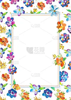 夏日快乐七彩水彩画剪纸花边框点缀插画。A4 A5 A3国际纸张幻灯片海报卡，可免费复印文本
