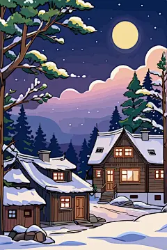 卡通童话冬季夜晚小木屋