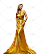 时尚模特金色连衣裙，女人全身肖像在金色的黄色长礼服上白色