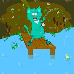 猫,流氓,地形,夏天,绿色,蓝色,可爱的,性格,愉悦,钓鱼