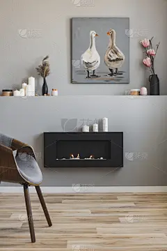 现代,乡村风格,壁炉,起居室,蜡烛,花瓶,室内,架子,绘画艺术品,花